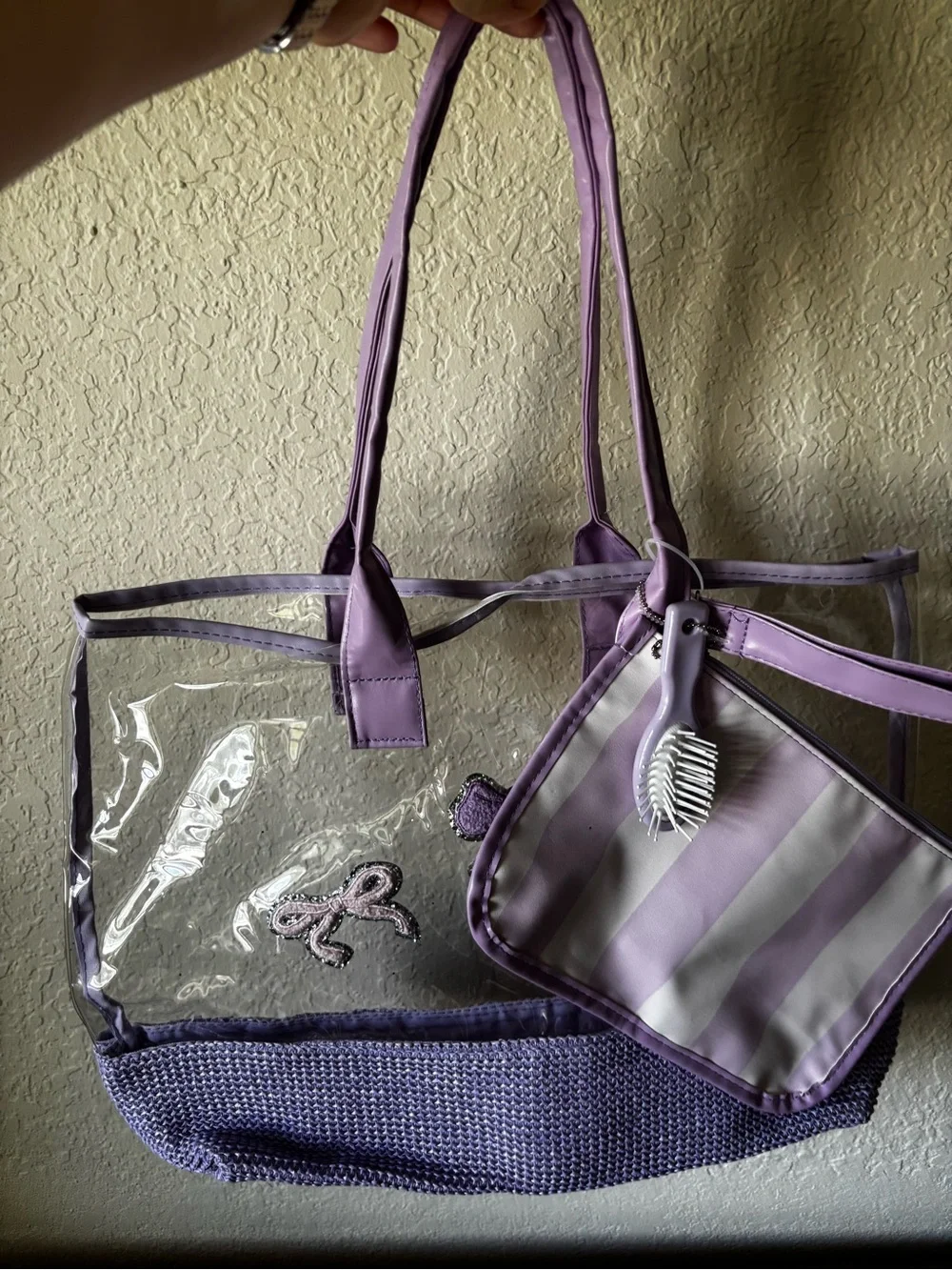 Lilac Clear PVC Tote with Striped Pouch